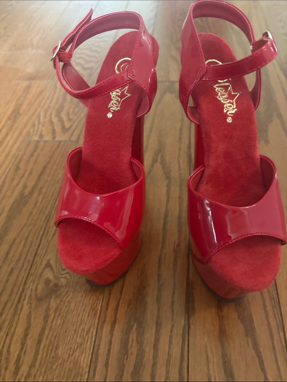 Pleaser Red Patent Platform Ankle-Strap Heels - Picture 2 of 7